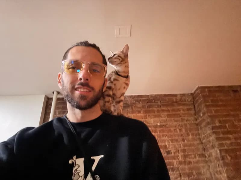 Onyx riding on his owner's shoulder